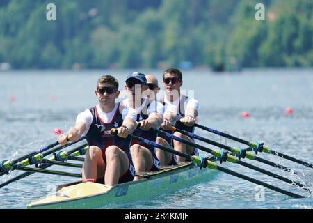 Callum Dixon, George Bourne, Matthew Haywood, Thomas Barras von Großbritannien in Mens Quadruple Sculls Heat 2 während der 2023. Europäischen Rudermeisterschaft am 25. Mai 2023 auf dem Ruderkurs Lake Bled, Slowenien. Kredit: SCS/Soenar Chamid/AFLO/Alamy Live News Stockfoto