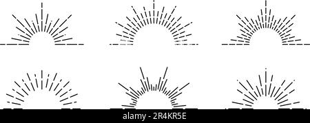 Halb Sonnenschein-Rahmenset. Lineare Symbolsammlung für Sonnenauf- und -Untergang. Paket mit radialen Sonnenstrahlen. Formen des Retro-Sonnenlichts. Designelemente für Logo, Label, Abzeichen, Poster. Vektorbündel Stock Vektor