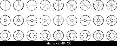 Segmentsammlung für Ringdiagramme und Tortendiagramme. Rad- und Kreisdiagramme. Umrissabschnitte und Slices Pack. Von 2 bis 10 Segmenten von Infografiken. Verschiedene Phasen und Phasen des Zyklus. Vektor Stock Vektor