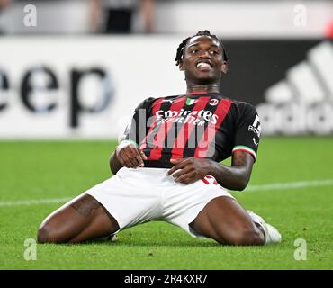 Turin, Italien. 28. Mai 2023. Der Rafael Leao von AC Mailand reagiert am 28. Mai 2023 auf ein Fußballspiel der Serie A zwischen dem FC Juventus und dem AC Mailand in Turin, Italien. Kredit: Daniele Mascolo/Xinhua/Alamy Live News Stockfoto