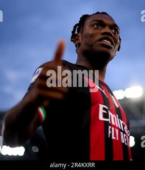 Turin, Italien. 28. Mai 2023. Rafael Leao von AC Mailand reagiert am 28. Mai 2023 vor einem Fußballspiel der Serie A zwischen dem FC Juventus und dem AC Mailand in Turin, Italien. Kredit: Daniele Mascolo/Xinhua/Alamy Live News Stockfoto