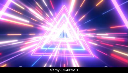 Abstrakter violetter Energie futuristischer Hi-Tech-Tunnel aus fliegenden Dreiecken und Linien Neonmagie leuchtender Hintergrund. Stockfoto