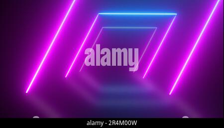 Abstrakte, geschleifte quadratische Tunnel Neonblau und violette Energie, die aus dem Hintergrund der Linien glüht. Stockfoto