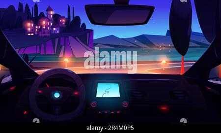 Fahrt mit dem Auto an der Küste bei Nacht zur Landschaft der Dorfinsel. Meeresblick, mediterraner Cartoon-Hintergrund. Im Armaturenbrett, am Lenkrad und am Navigationsbildschirm des Fahrzeugs auf dem Weg zu einer ländlichen Landschaft an der Küste in der Ferne. Stock Vektor