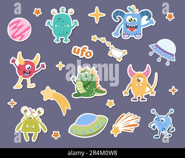 Ein Satz Sticker von Weltraum-Cartoons, Cartoon-Monster, Aliens. Stock Vektor