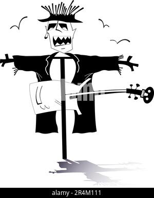 Lustige Vogelscheuche mit Gitarre. Volksmusik. Cartoon Vogelscheuche spielt Gitarre. Schwarzweiß-Abbildung Stock Vektor