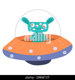 Süßes Cartoon-Monster, Alien in einer fliegenden Untertasse, ufo... Vektordarstellung auf weißem Hintergrund. Stock Vektor