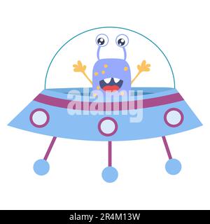 Süßes Cartoon-Monster, Alien in einer fliegenden Untertasse, ufo... Vektordarstellung auf weißem Hintergrund. Stock Vektor