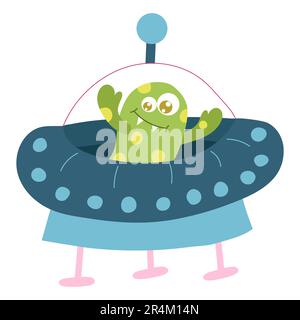 Süßes Cartoon-Monster, Alien in einer fliegenden Untertasse, ufo... Vektordarstellung auf weißem Hintergrund. Stock Vektor