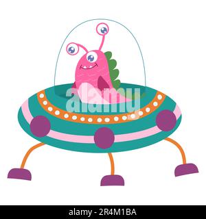 Süßes Cartoon-Monster, Alien in einer fliegenden Untertasse, ufo... Vektordarstellung auf weißem Hintergrund. Stock Vektor