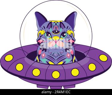 Fantastische lila Alien-Katze mit drittem Auge in fliegender Untertasse. Stock Vektor