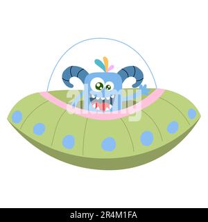 Süßes Cartoon-Monster, Alien in einer fliegenden Untertasse, ufo... Vektordarstellung auf weißem Hintergrund. Stock Vektor
