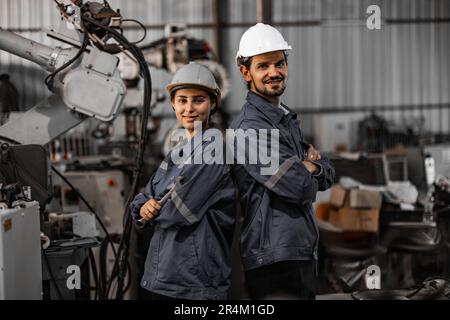 Selbstbewusstes Roboterteam, darunter Frauen in einem nicht typischerweise von Männern dominierten Feld, kreuzt die Arme und repräsentiert das Engagement des Unternehmens für Vielfalt und Inklusion Stockfoto