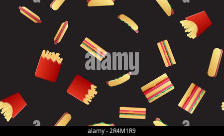 Nahtlose endlose Auswahl an leckeren Hot Dogs, Sandwiches und Fast-Food-Pommes auf schwarzem Hintergrund. Textur. Stock Vektor