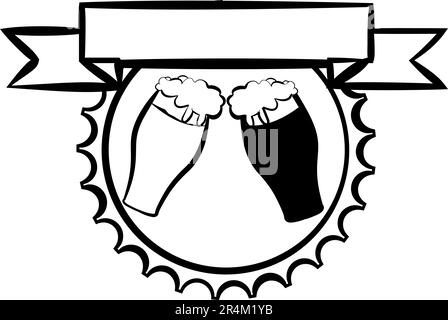 Etikett für Bier, Design für den Straßenbau der Stange. Zwei Biergläser mit hellem und dunklem Bier, umgeben von Hopfen, werden in den Bierkorken geknüpft und mit Klebeband verklebt Stock Vektor