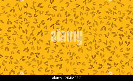 Nahtlose Textur schwarzer Pflanzenzweige mit Blättern und Stämmen von natürlichem, wunderschönem Malz, das beim Brauen zur Herstellung eines Biers auf einem gelben kunstvoll verzierten Backen verwendet wird Stock Vektor
