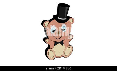 Volumetrischer, 3D-förmiger, süßer, schöner, brauner Bärenjunge mit einem großen Kopf und blauen Augen in einem Zylinder und einer Fliege auf weißem Hintergrund. Vektor-Illustration Stock Vektor