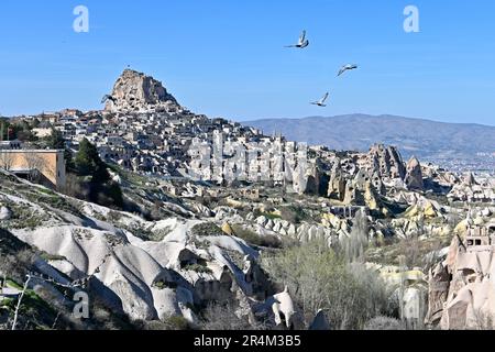 Ukasische Stadt und Burg vom Aussichtspunkt Pigeon Valley aus gesehen. Stockfoto