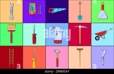 Ein großer Satz an Symbolen für Bauwerkzeuge für Schraubendreher, Schraubenschlüssel, Hämmer, Leitern, Mopps, Schaufeln, Bürsten auf dem Hintergrund von Stock Vektor