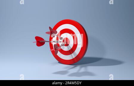 Roter Pfeil mit Pfeil trifft das Ziel auf blauem Hintergrund. Auf das Zielkonzept ausgerichtetes Unternehmen. 3D-Rendering. Stockfoto