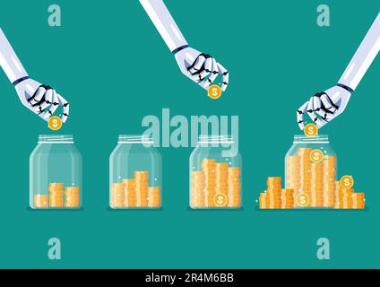 Roboterhände, die Münzen in Glasgefäßen aufbewahren. Vektordarstellung Stock Vektor