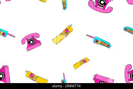 Strukturiertes, nahtloses Musterposter mit alten, mehrfarbigen analogen Hipster-Handyschiebern im Retro-Vintage-Stil mit physischen Knöpfen und Larg Stock Vektor