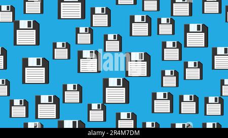 Endloser Computer mit nahtlosem Muster und alten weißen Hipster-Disketten aus den 70s, 80s und 90s Jahren im Retro-Look, isoliert auf blauem Hintergrund. Vektorillus Stock Vektor