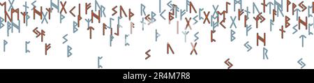 Runenfarbe nahtloses ethnisches Muster auf Weiß. Runenalphabet, Futhark. Uralte nordische okkulte Symbole, wikinger-Buchstaben, Runenschrift. Design für Stoff, wa Stock Vektor