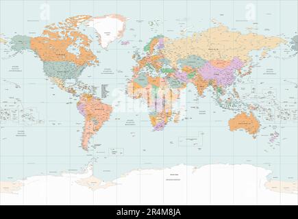 Detaillierte politische Weltkarte in italienischer Sprache Miller-Projektion Stock Vektor