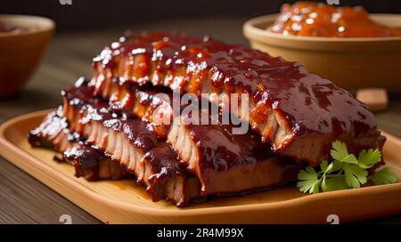 Gebackene Schweinerippchen mit Barbecue-Sauce. Geräucherte Grillrippchen. Langsam kochen. Geräuchertes Schweinefleisch, das auf Holzteller verzehrt werden kann. Stockfoto