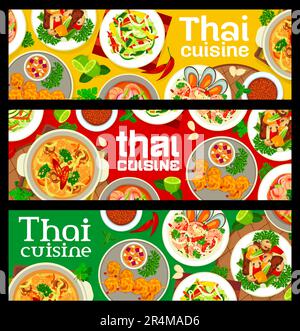 Banner für thailändische Speisen im Restaurant. Salat mit Sojabohnensprossen und Fischsuppe, Rind- und Gemüsebraten, Meeresfrüchtegarnelen, Gemüse- und Obstsalate, Garnelen, Panang Curry Stock Vektor