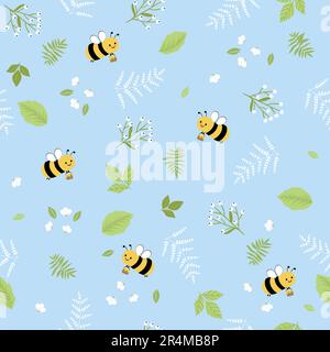 Nahtloses Muster mit Blume, Blättern und fliegenden Bienen auf blauem Hintergrund. Süßer Cartoon-Druck. Stock Vektor