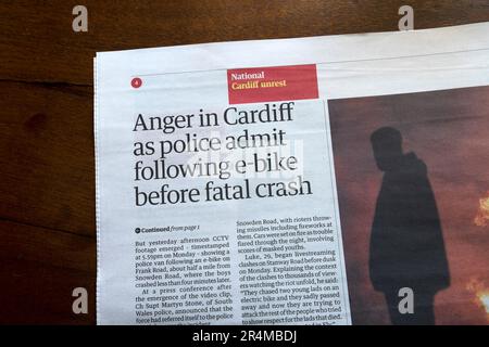 "Wut in Cardiff als Police Admi 24 Mai 2023 London UK England following e-bike before fatal Crash" Guardian Zeitungsartikel 24 Mai 2023 London UK Stockfoto