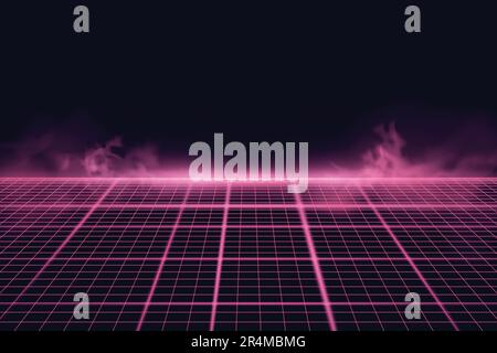 Drahtmodell-Perspektivenraster mit rosafarbenem Rauch. Abstrakter Hintergrund. Vektordarstellung Stock Vektor