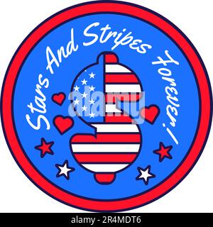 Festlicher runder Aufkleber mit Dollar-Schild in Farben der amerikanischen Flagge. USA 4. Juli Unabhängigkeitstag festliches Namensschild emb Stock Vektor