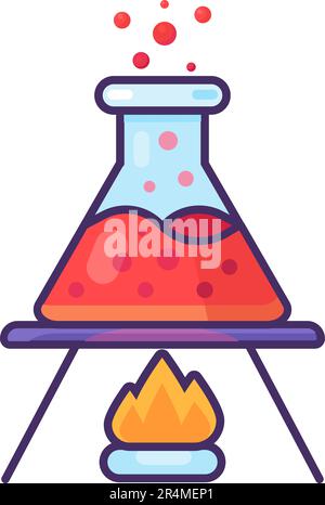 Chemikalienkolben mit roter kochender Flüssigkeit im Inneren auf Stativ über Alkoholbrenner. Durchführung von Experimenten und Analysen in der Chemie. Ein einfacher Zeichentrickfilm Stock Vektor