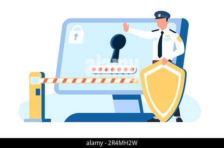 Schutz vertraulicher Informationen. Sicherheitsbeamter schützt Daten auf dem Computer. Absperrung und Schild. Passwortsperre. Netzwerksicherheit. Cyber-Technologie Stock Vektor