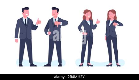 Das Konzept von "Gefällt mir" und "Gefällt mir nicht", Männer und Frauen zeigen Gesten der Anerkennung und Missbilligung. Fröhliche und traurige Figuren auf weißem Hintergrund. Flacher Cartoon-Style Stock Vektor