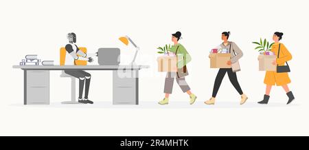 Die Leute kommen mit Box zur Arbeit. Roboter trifft sich, streckt ihre Hand zur Begrüßung aus. Personalbeschaffung. Zusammenarbeit, gemeinsame Arbeit. Bürokonzept. Bei der Arbeit einstellen. Stock Vektor