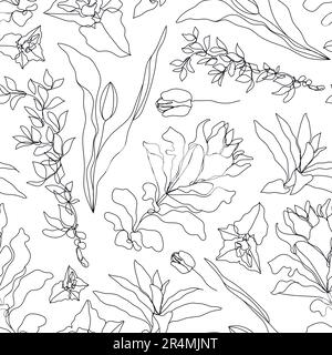 Vektorblume linearer nahtloser Hintergrund, Tuben und Blätter. Ein durchgehendes Linienmuster, handgezeichnet. Monolin-Doodle. Stock Vektor