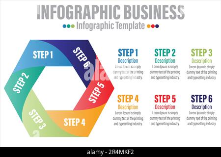 Vorlage für Business-Infografik-Design mit sechs 6-Schritten, sechs 6-Optionen, -Schritten oder -Prozessen. Kann für Workflow-Layout, Diagramm, Jahresbericht, Web verwendet werden Stock Vektor