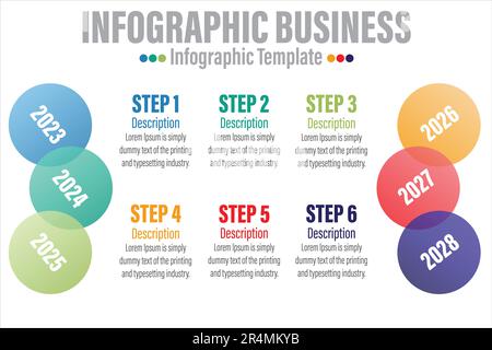 Vorlage für Business-Infografik-Design mit sechs 6-Schritten, sechs 6-Optionen, -Schritten oder -Prozessen. Kann für Workflow-Layout, Diagramm, Jahresbericht, Web verwendet werden Stock Vektor