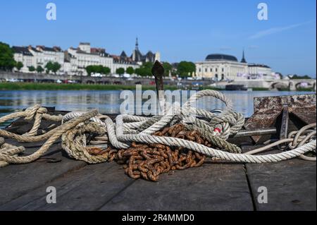 Blick auf Saumur von einem Loire-Boot mit Rathaus und Stadttheater am Ufer, Frankreich Stockfoto