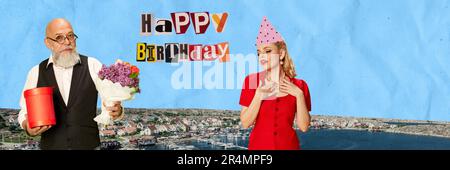 Vater grüßt seine wunderschöne kleine Tochter mit Geburtstag, Geschenk und Blumen. Collage für zeitgenössische Kunst. Stockfoto