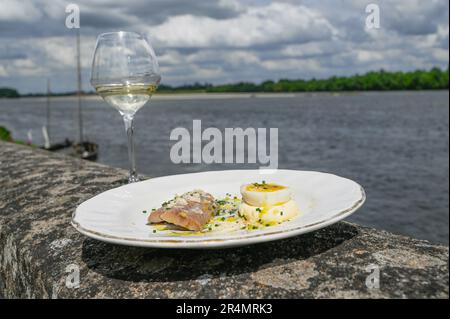 Das Loire Restaurant La Route du Sel by Marie Monmousseau in Thoureil serviert klassische französische Küche. Hier: Geräucherter Aal und Eiermayonnaise Stockfoto