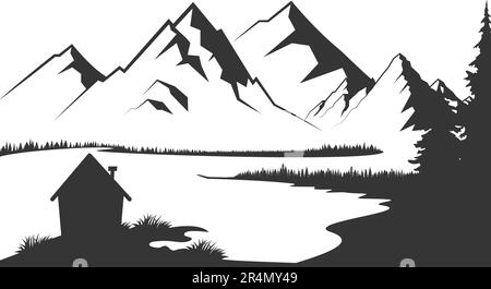 Berg See Silhouette Grafik Kunst schwarz weiß Landschaft Illustration Vektor. Schwarz-weiße Abbildung von Berg und See. Gebirgsvektor Stock Vektor
