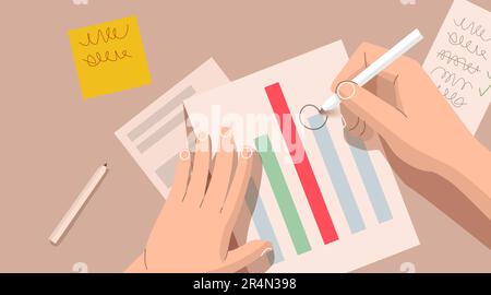Flache Darstellung von Mann- oder Frauenhänden, die mit Bleistift auf einem Blatt Papier schreiben, mit Analyse- und Finanzdiagramm. Vektordarstellung Stock Vektor