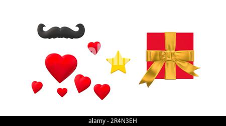 Männlicher Hintergrund mit Geschenkbox, Herzen und Schnurrbart isoliert auf weißem Hintergrund. Stockfoto