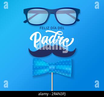 Schriftzug Feliz dia del Padre mit Fliege, Brille und Schnurrbart. Übersetzung aus Spanisch Happy Father's Day - Feliz dia del Padre. Anführungszeichen für Vektoren Stock Vektor