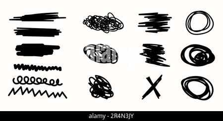 Legen Sie handgezeichnete Vektorskritzel fest. Doodle-Infografiken auf weißem Hintergrund isoliert. Packung mit verschiedenen Formen für das Design. Pinselstrich eingestellt Stock Vektor